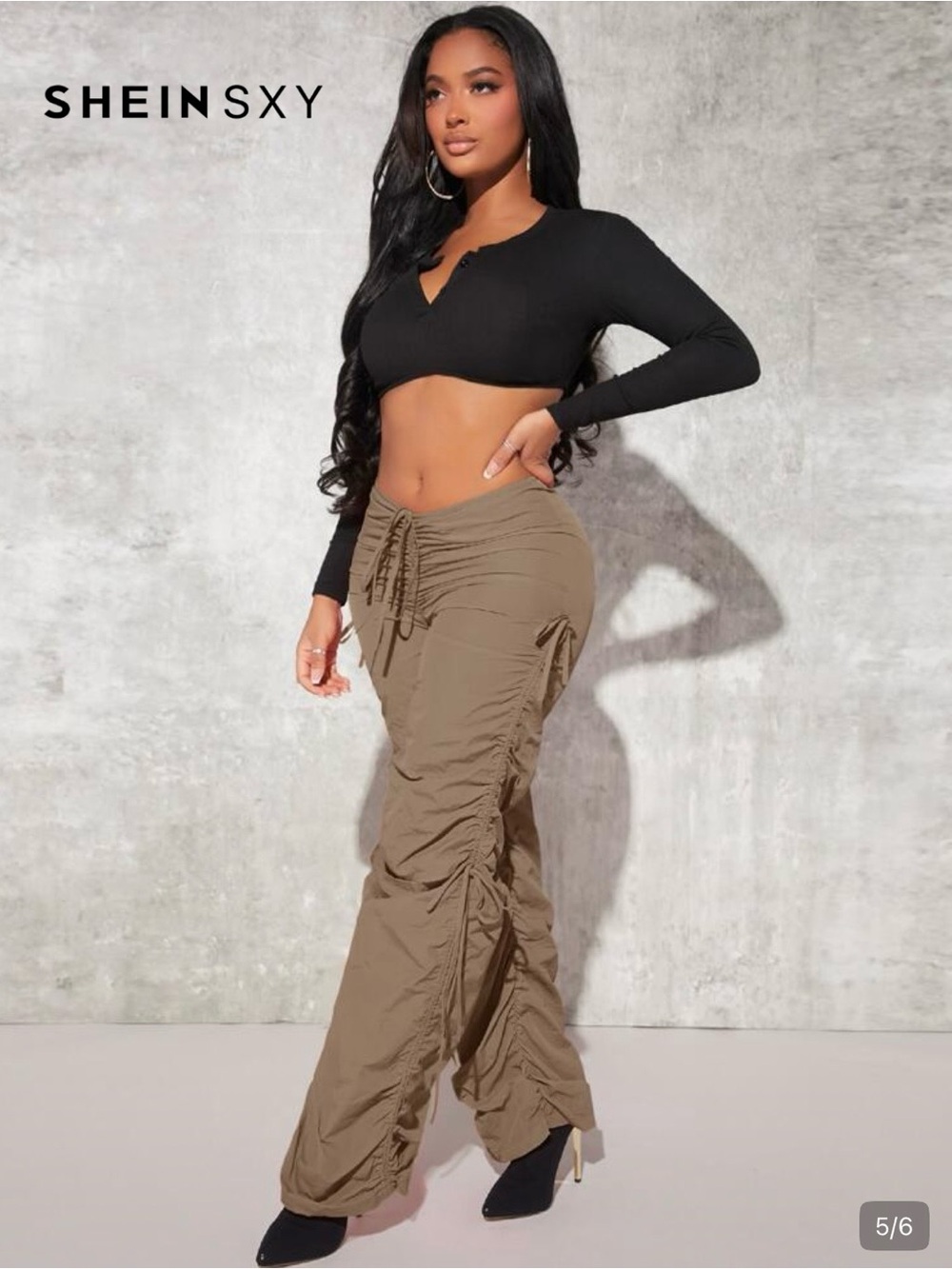 SHEIN SXY Womenโs Scrunch Butt Ruched Cutout Parachute Pants Brown Size Medium